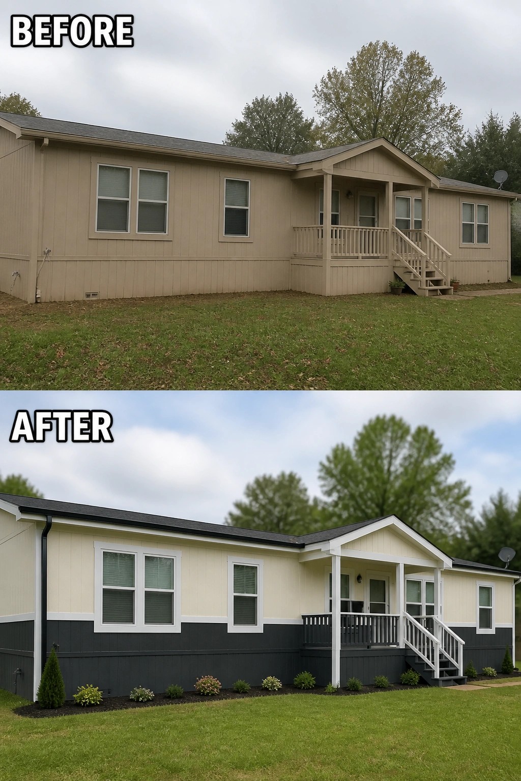 Split before-and-after showing beige manufactured home and renovated cream-and-dark-gray exterior with white trim and landscaping