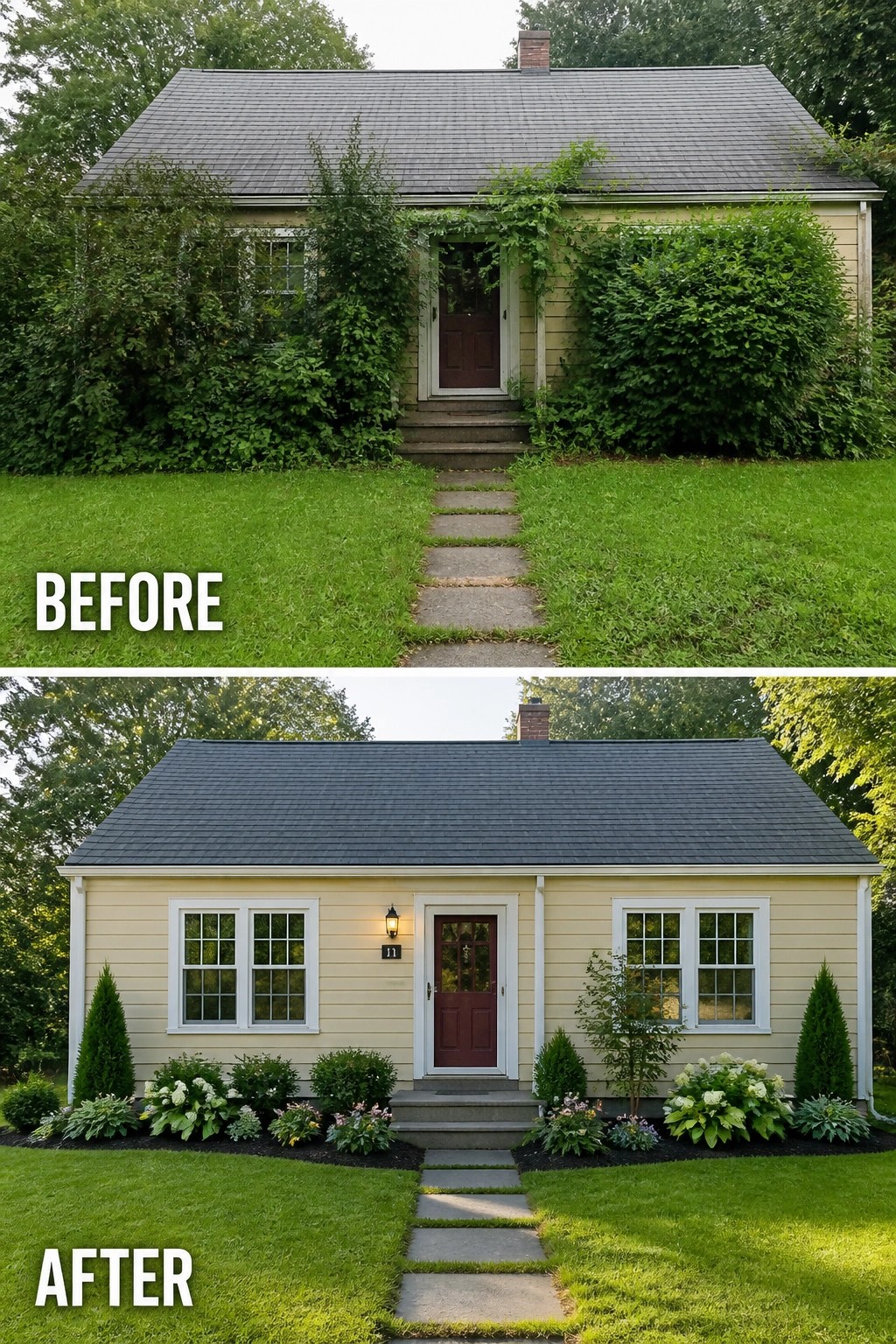 Before-and-after image of a small house with overgrown shrubs cleared and replaced by defined planting beds, mulch, and neat, smaller plantings.