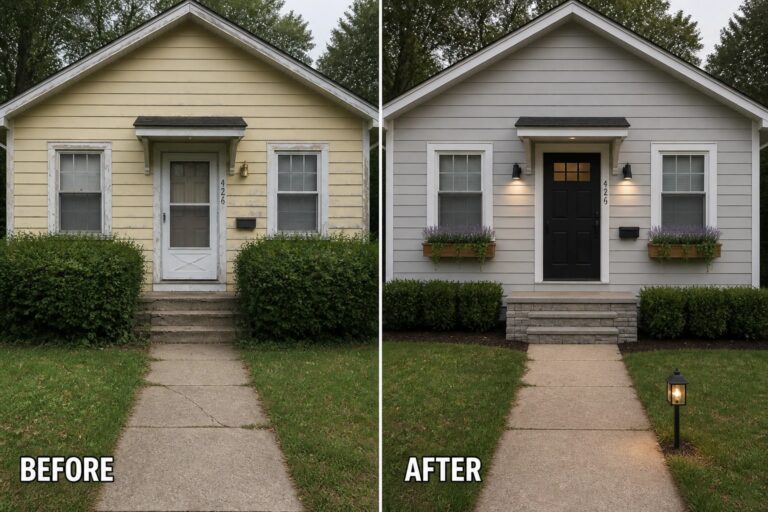 19 Fresh Small Home Exterior Transformations That Improve Street-Facing Curb Appeal Before-and-after image of a small house where a faded facade and chipped door were updated with a dark painted front door, fresh white trim, new exterior lights, and window planters.