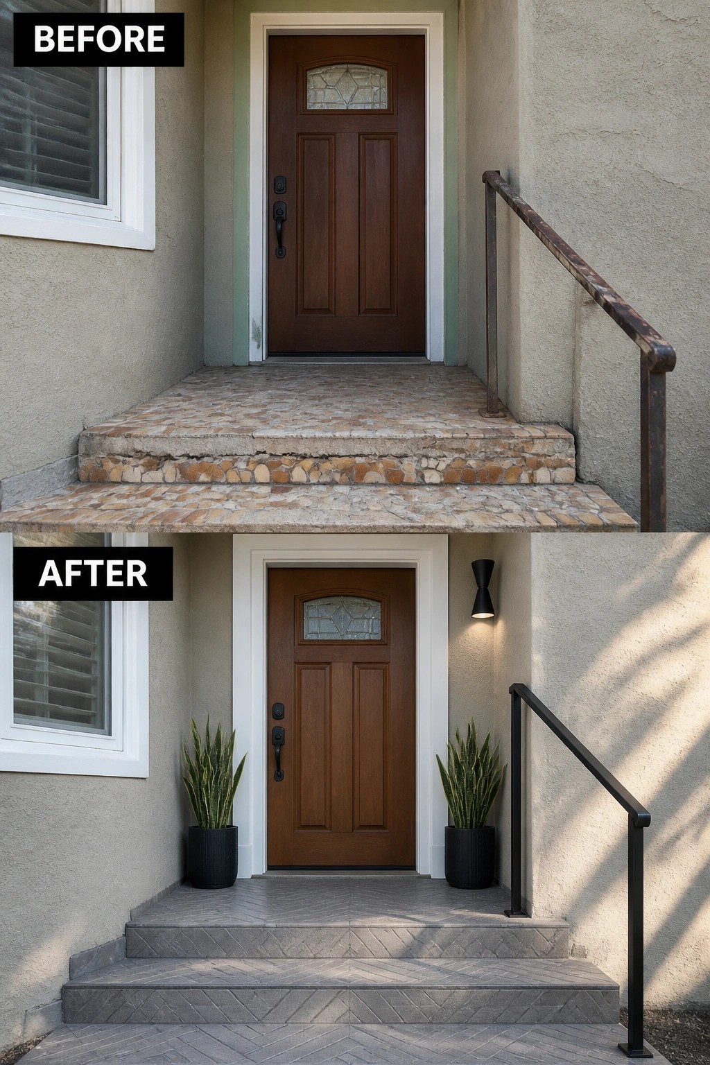 Before-and-after image of a small front porch where cracked pebble-tile steps and a rusty handrail are replaced with new patterned tile steps, a sleek black railing, matching planters, and a modern