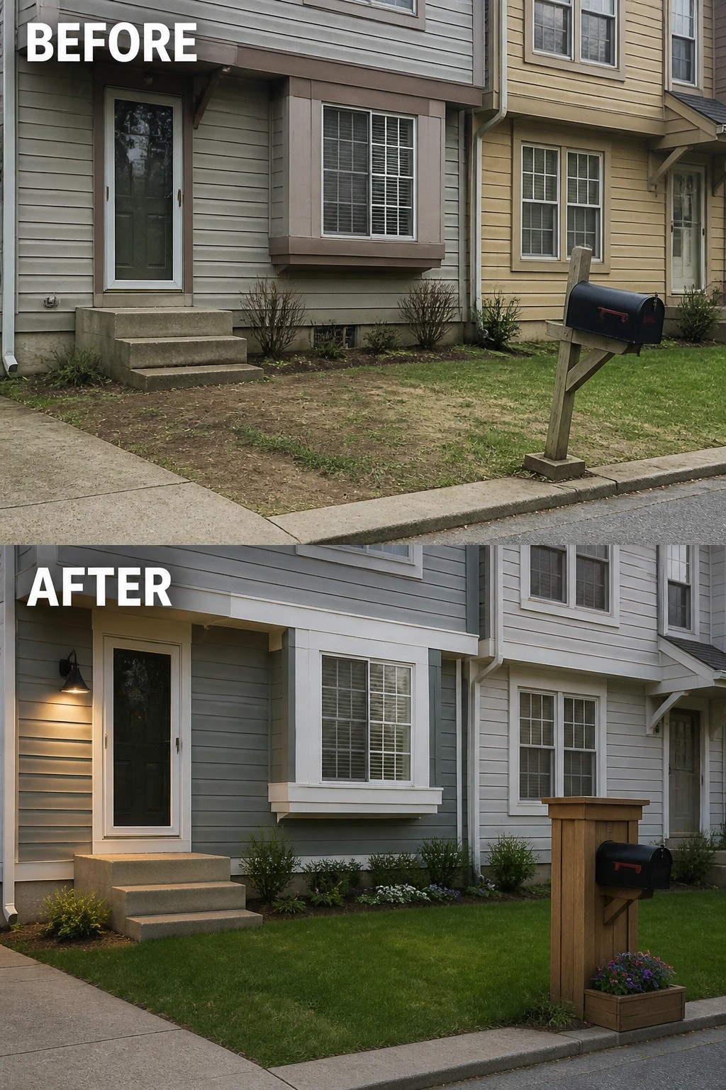 Before-and-after image of a plain townhouse front updated with a neat lawn, defined planting beds, a porch light, and a new wooden mailbox post.