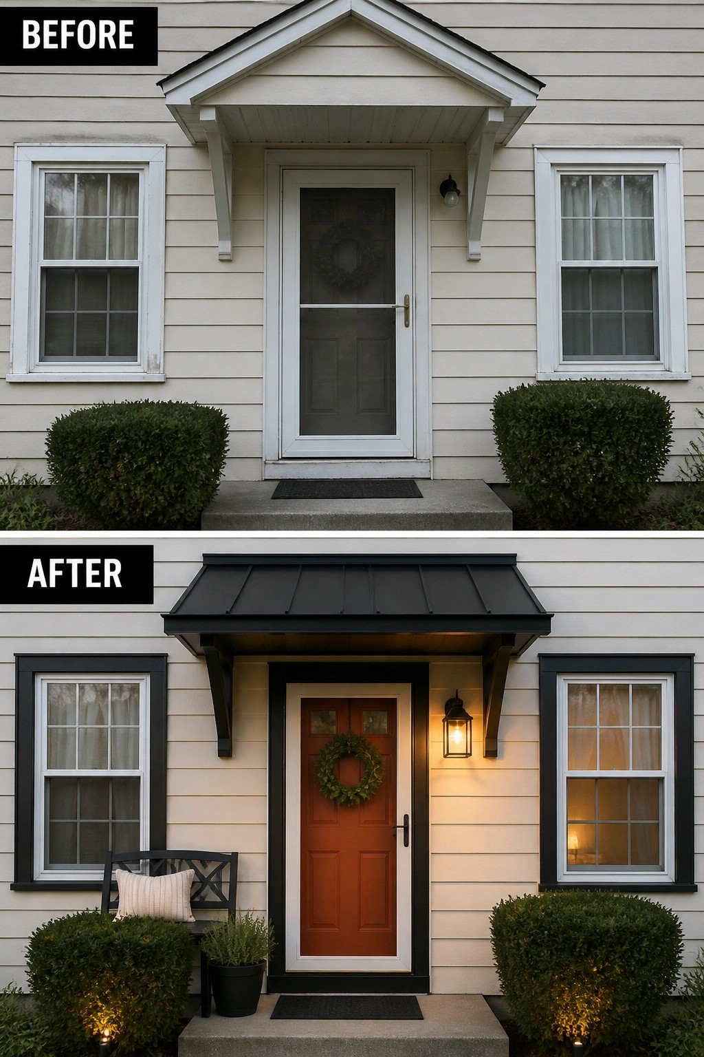 Before-and-after image of a plain front porch updated with a painted front door, new trim and overhang, and an exterior lantern light.