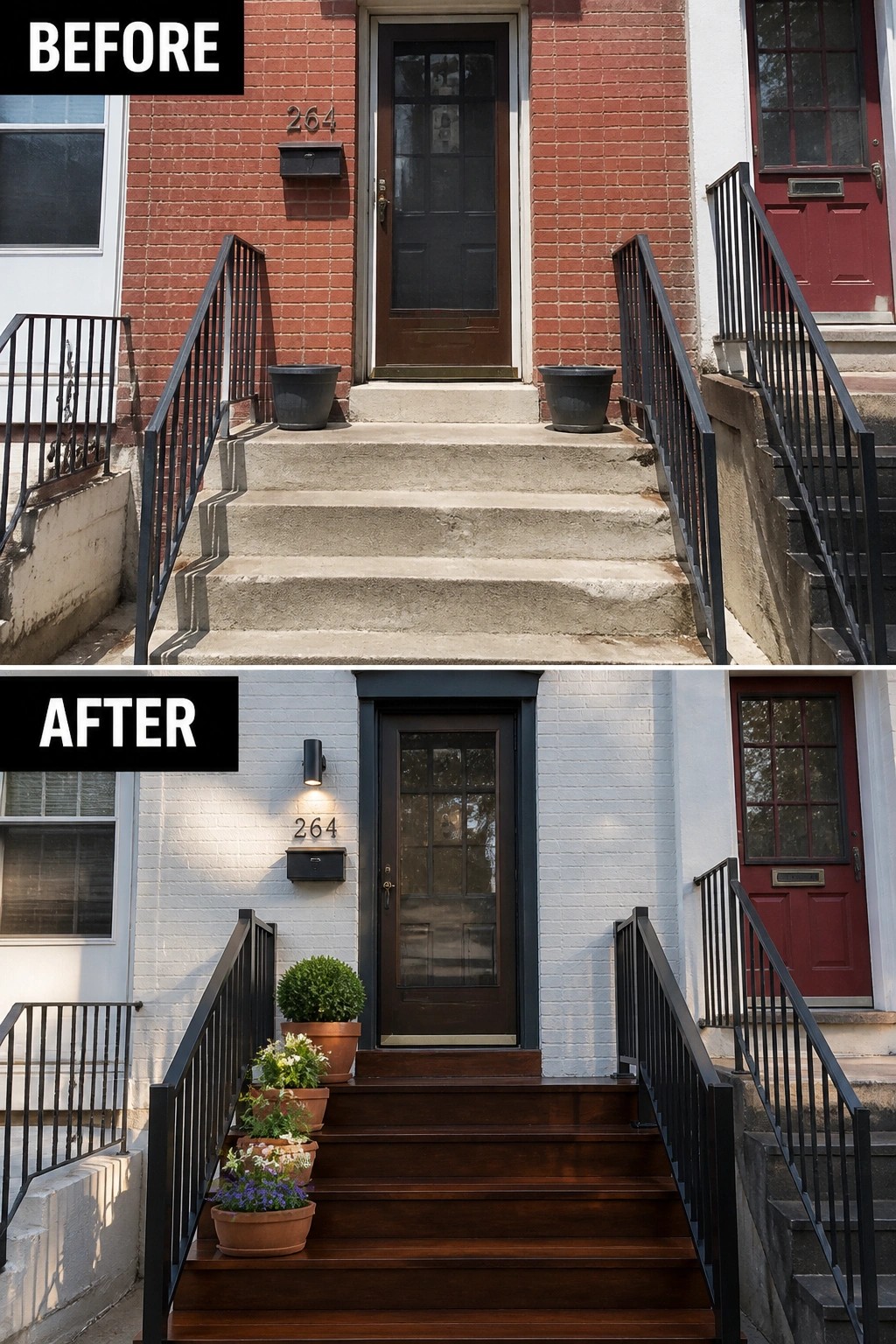 Before-and-after image of a plain concrete front stoop updated with stained wood steps, stacked terracotta planters, painted brick, and a new wall light.