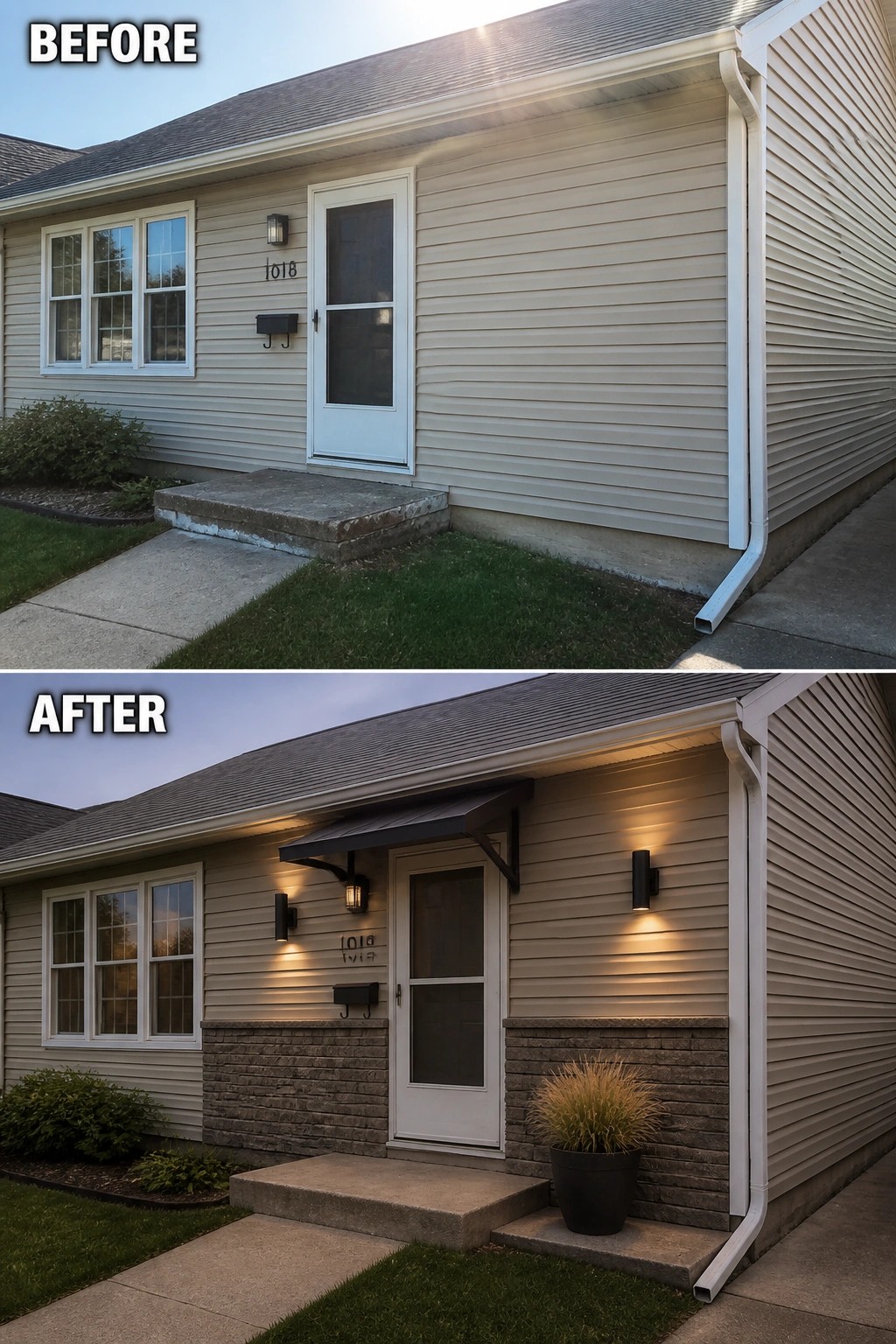 Before-and-after image of a plain front stoop updated with a small awning, wall-mounted lights, stone base cladding, a mailbox, and a planter to create a defined entry.