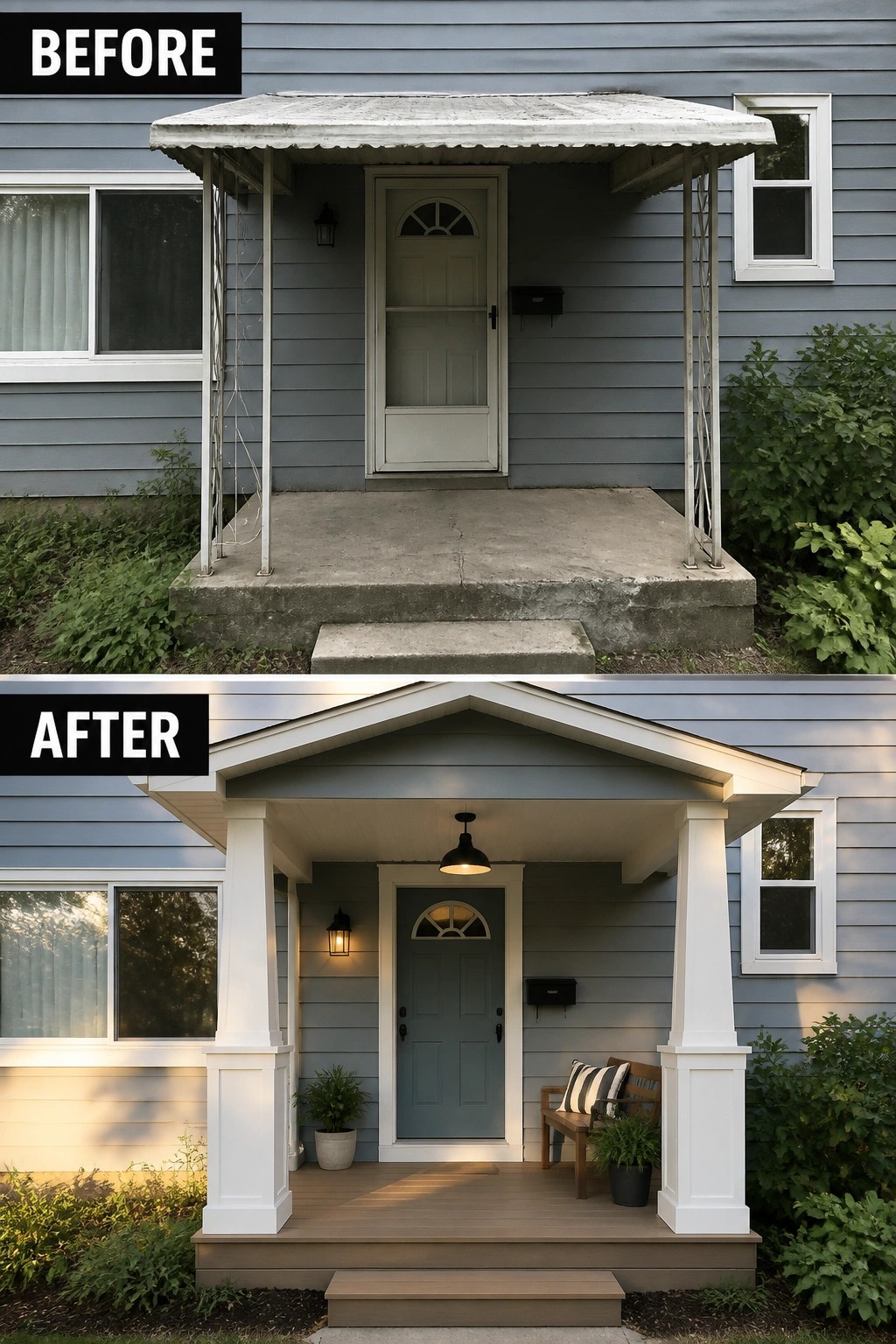 Before and after house entry: gray siding, concrete stoop replaced by porch with teal door.