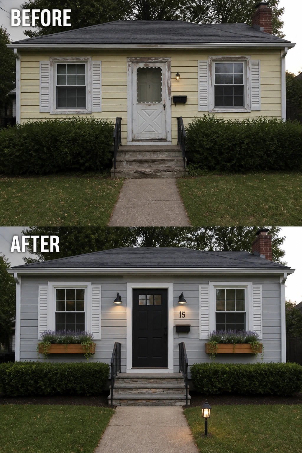 Before-and-after image of a small house where a faded facade and chipped door were updated with a dark painted front door, fresh white trim, new exterior lights, and window planters.