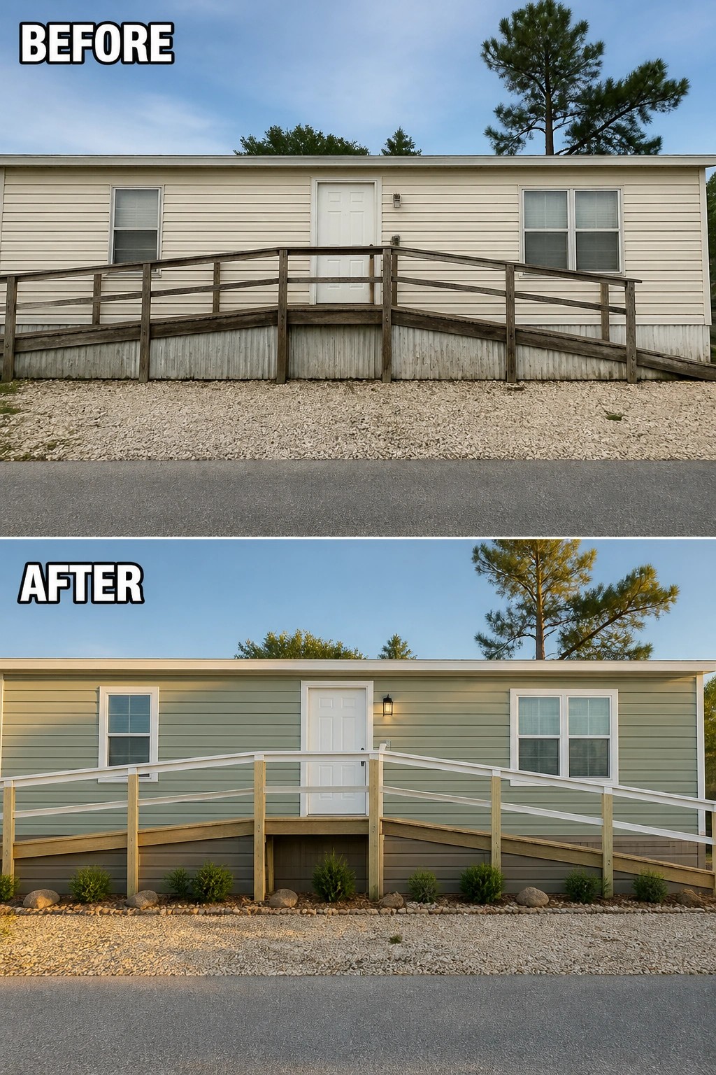 Before-and-after image of a small home front showing an old wooden ramp and plain siding updated with new railing, fresh exterior finish, and a row of low shrubs and rocks.
