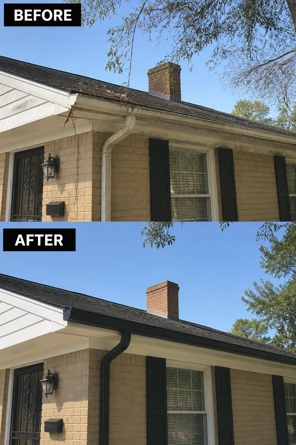 Before-and-after image of a house exterior showing old stained gutters and trim replaced with new dark gutters and freshly painted white trim.