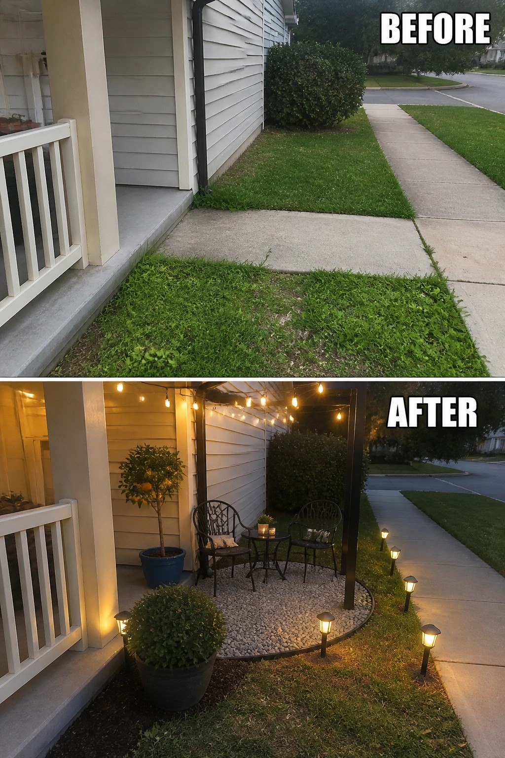 Before-and-after image of a small front porch area changed from bare grass and concrete into a gravel seating nook with chairs, potted plants, string lights, and pathway lights.