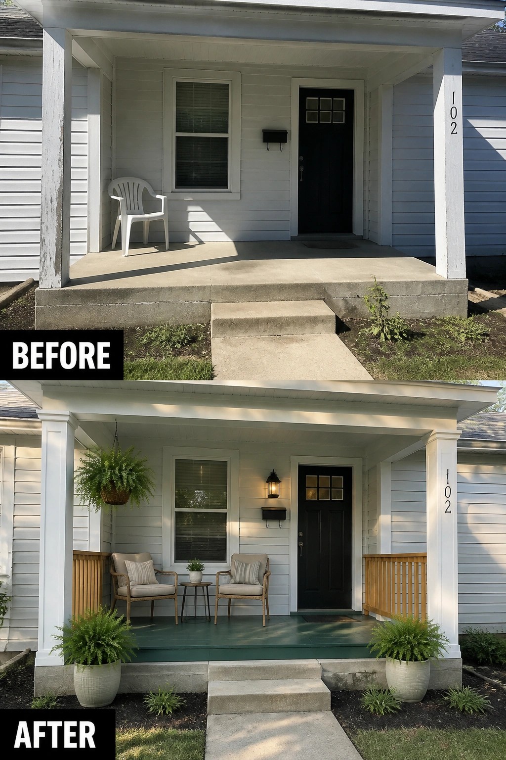 Before-and-after image of a bare front porch updated with small seating, potted plants, and a defined porch area.