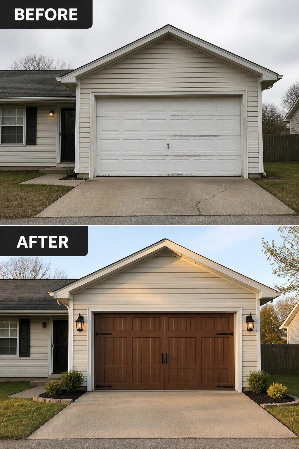 Before-and-after image of a house exterior where a plain white garage door is replaced with a brown carriage-style door plus flanking lanterns and small planted borders.
