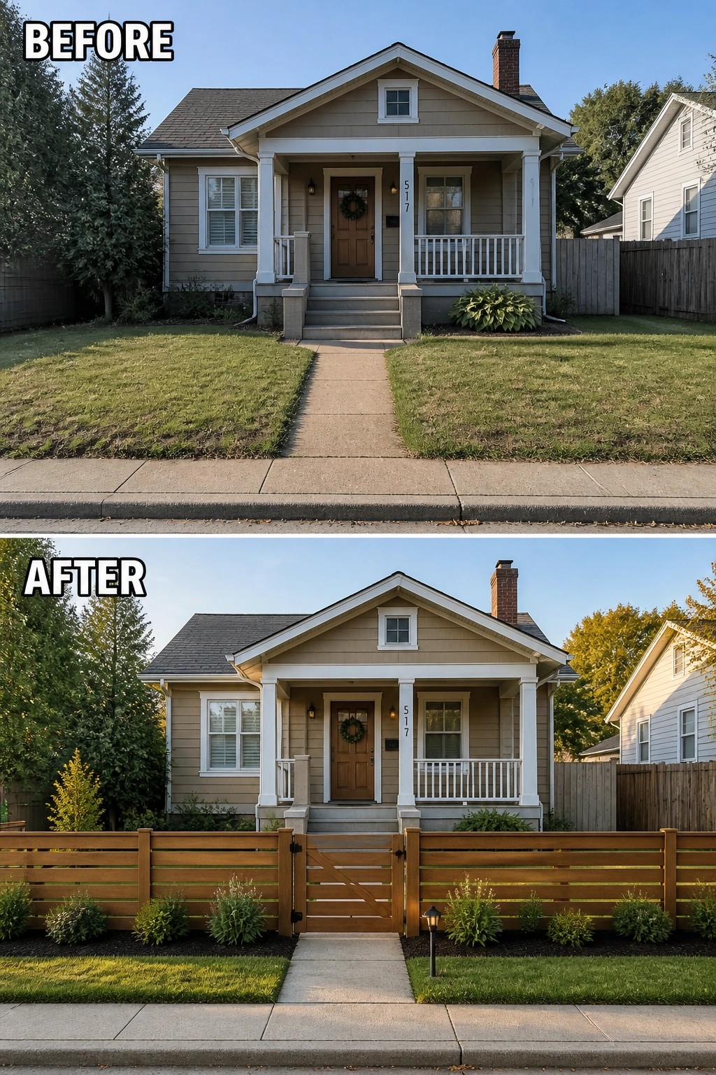 Before-and-after image of a small front yard updated with a low horizontal wooden fence and gate plus simple planted borders to define the entry.