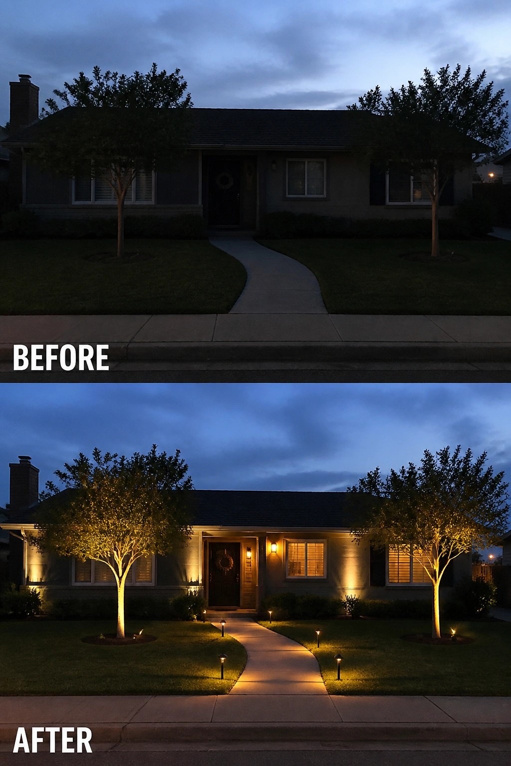 Before-and-after image of a dark front yard updated with pathway lights and tree and facade uplighting to create a welcoming entry.