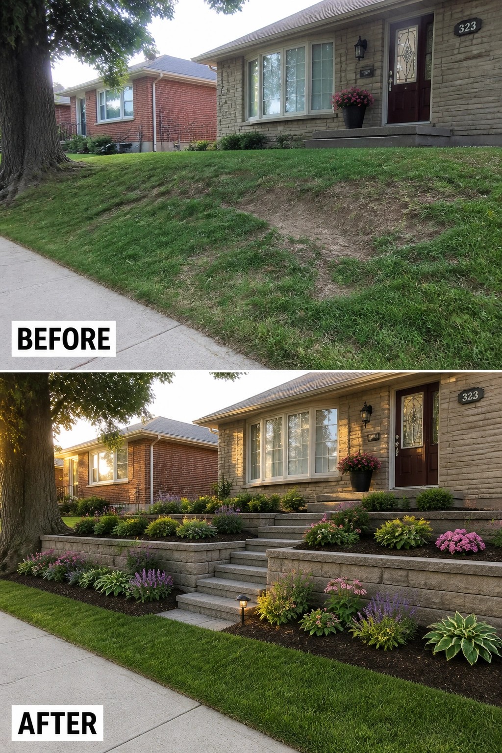 Before-and-after image of a sloped front yard changed from bare, eroded grass into tiered stone retaining walls with steps and planted beds.