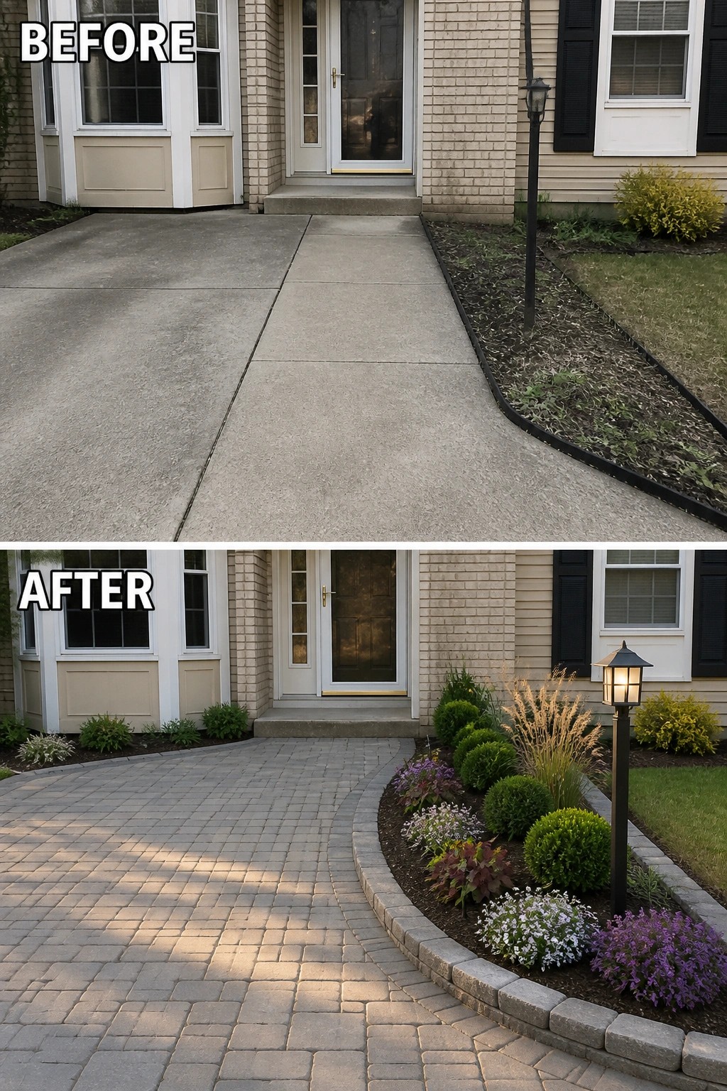 Before-and-after image showing a plain concrete front walkway replaced with a curved paver path and a raised planted bed with edging and a lamp.