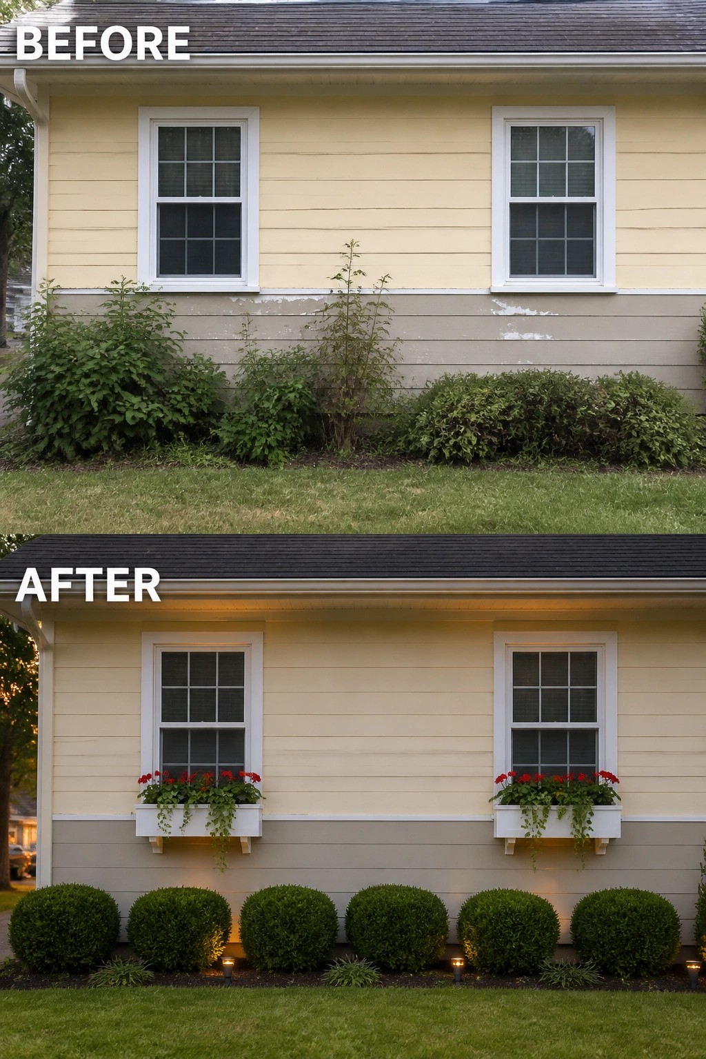 Before-and-after image of a house exterior where overgrown foundation planting was replaced