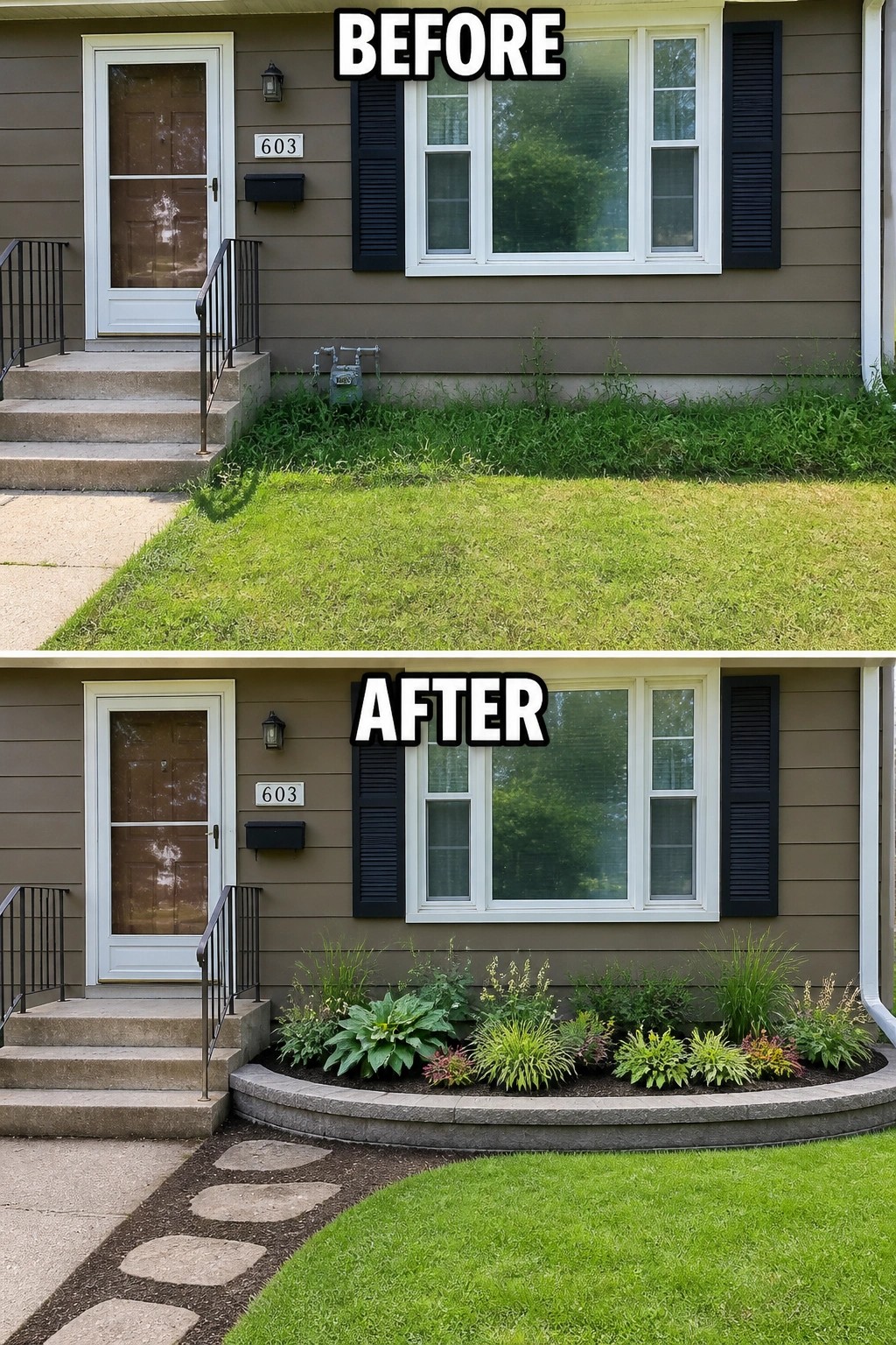 Before-and-after image of a house front where an overgrown narrow lawn strip is replaced by a curved low stone planting bed filled with perennials and a stepping-stone path.