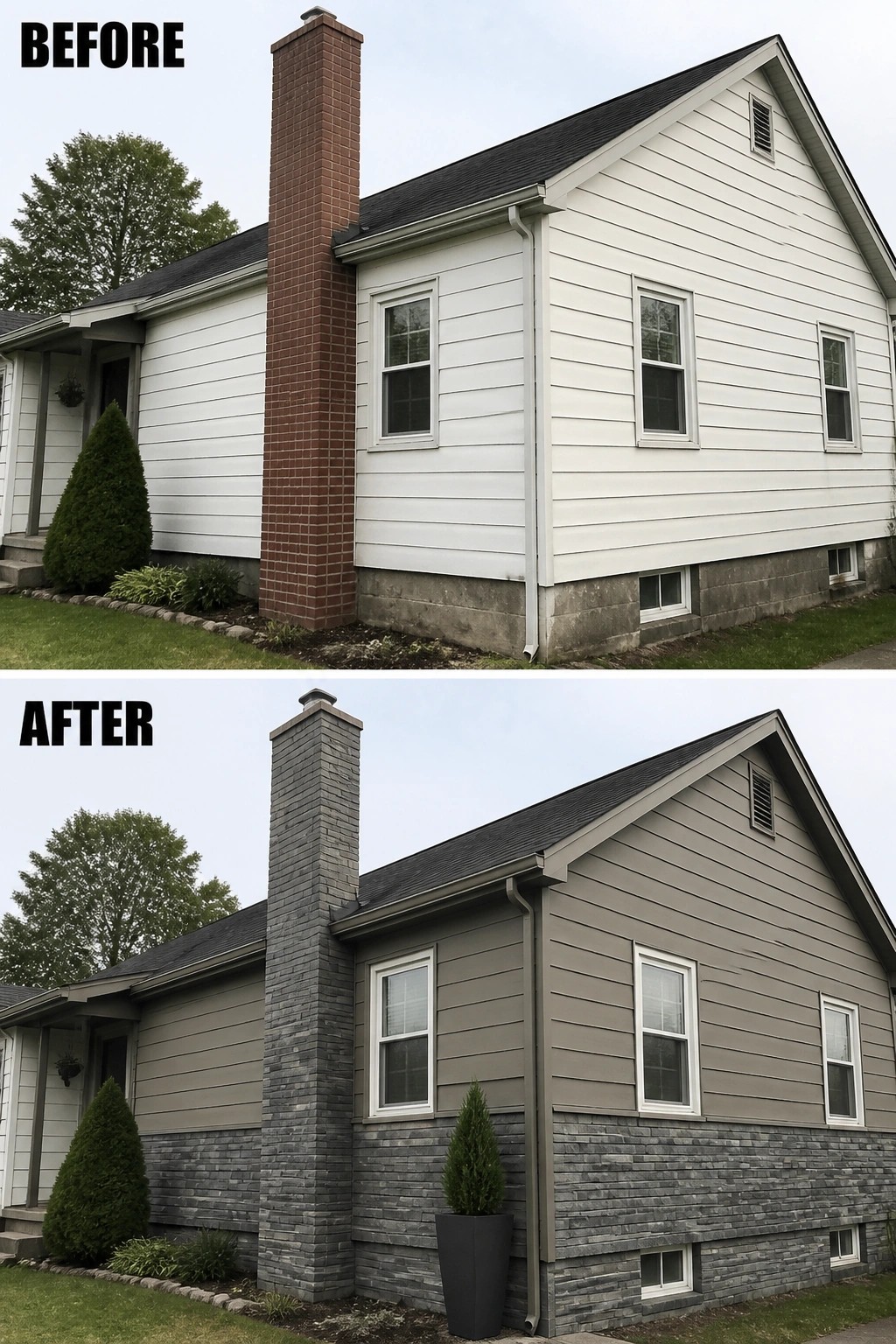 Before-and-after image of a small house updated from plain white siding to taupe paint with gray stone cladding at the lower wall and chimney.