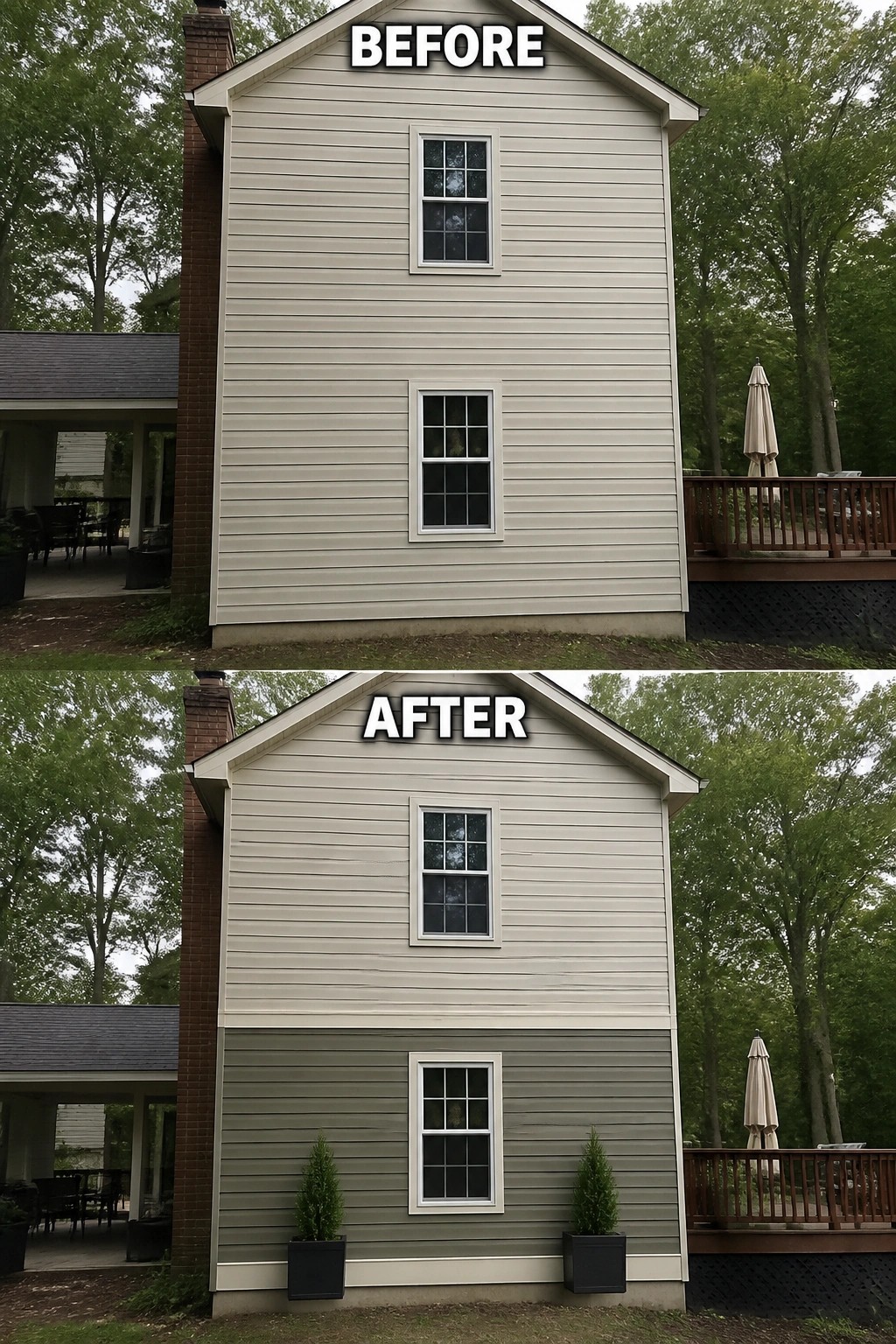 Before-and-after image of a house side wall where the lower half is painted a darker color and two planters are added beneath the window.