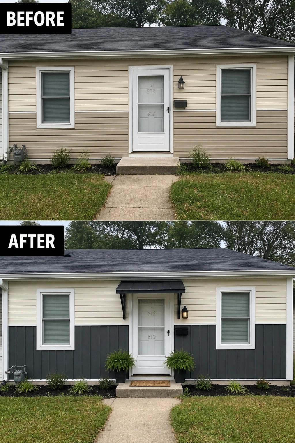 Before-and-after image of a small house where the lower siding was painted dark gray and a small awning, exterior light, and potted plants were added at the front door.