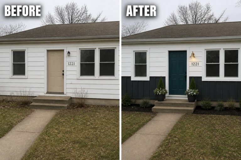 14 Fresh Small House Exterior Updates That Give Simple Facades More Dimension Before and after small white house: beige door, bare yard; teal door, dark wainscot, plants.