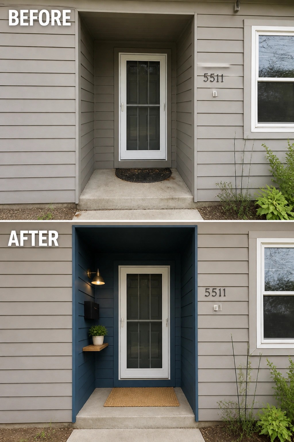Before-and-after image of a plain recessed front porch updated by painting the recess a dark color and adding a wall sconce, small shelf, and doormat.