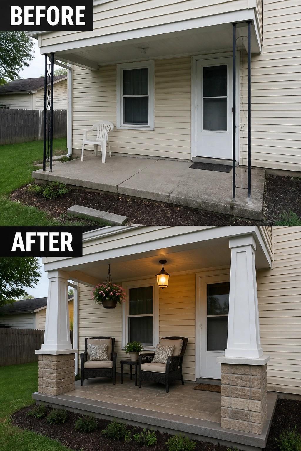 Before-and-after image of a bare concrete front porch updated with new columned supports, a tiled floor, outdoor seating, and a hanging lantern.