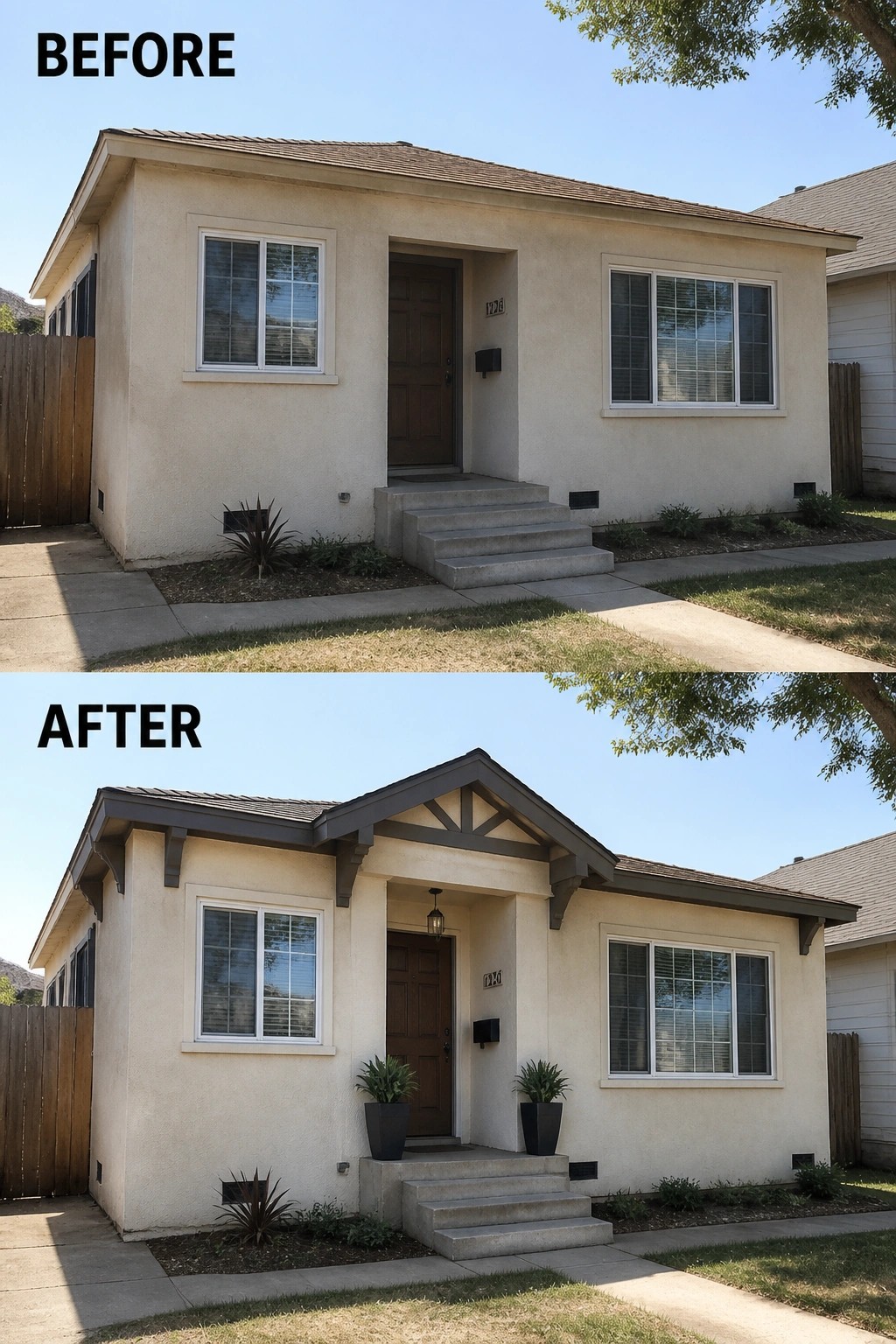 Before-and-after image of a small house front where a plain entry was updated with a decorative gable, trim and brackets, a pendant light, and matching planters.