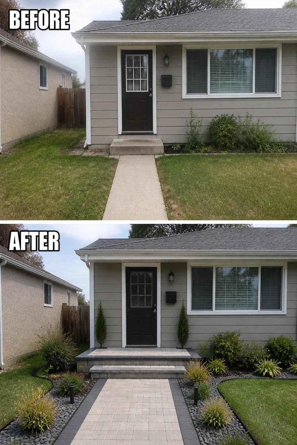 Before-and-after image of a small house entry upgraded from a single concrete step to a paved walkway with a stepped landing, stone border, plantings, and low path lights.