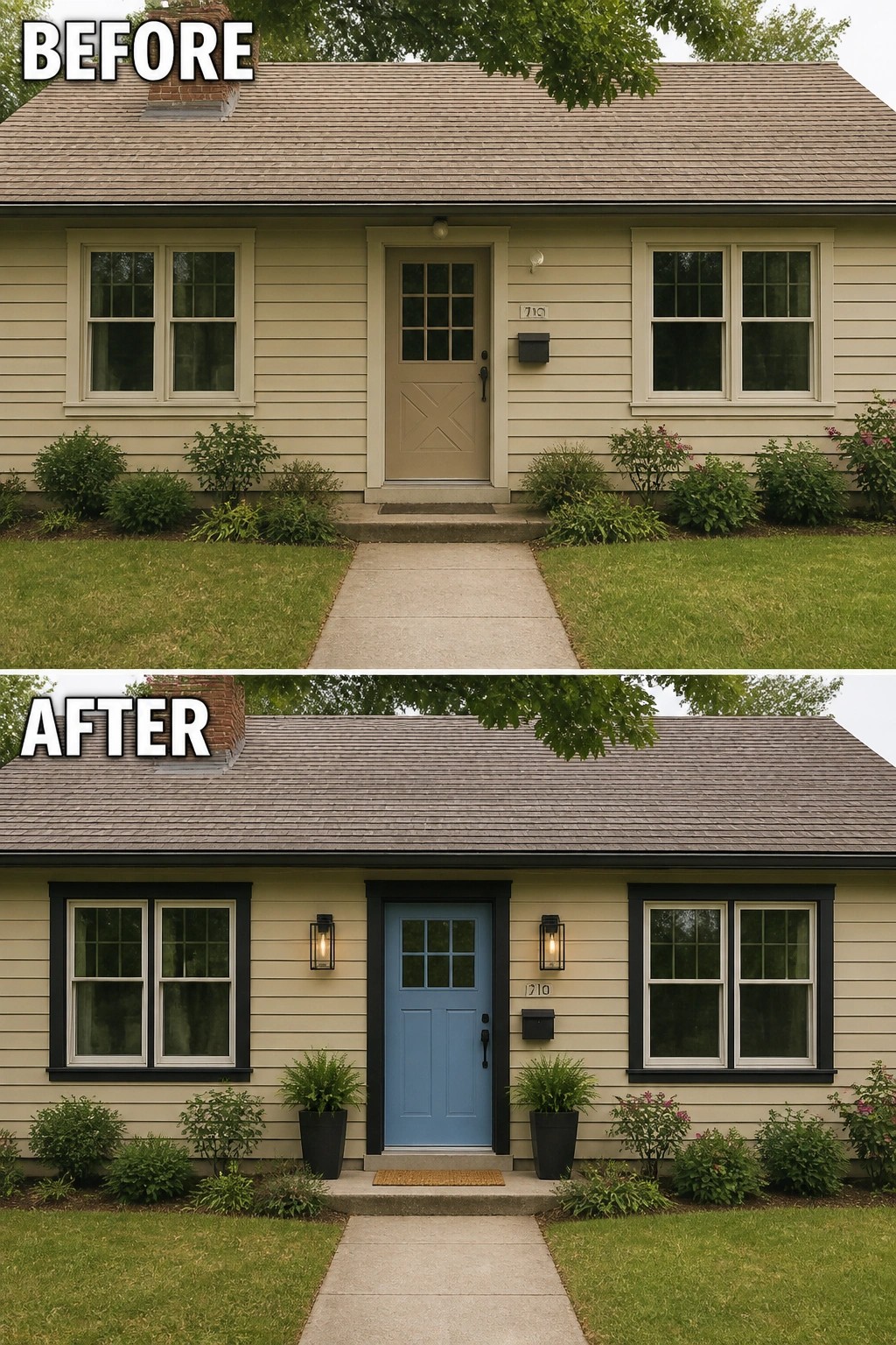 Before-and-after image of a small house front showing a plain beige entry updated with a painted blue door, darker trim, wall lanterns, and potted plants.
