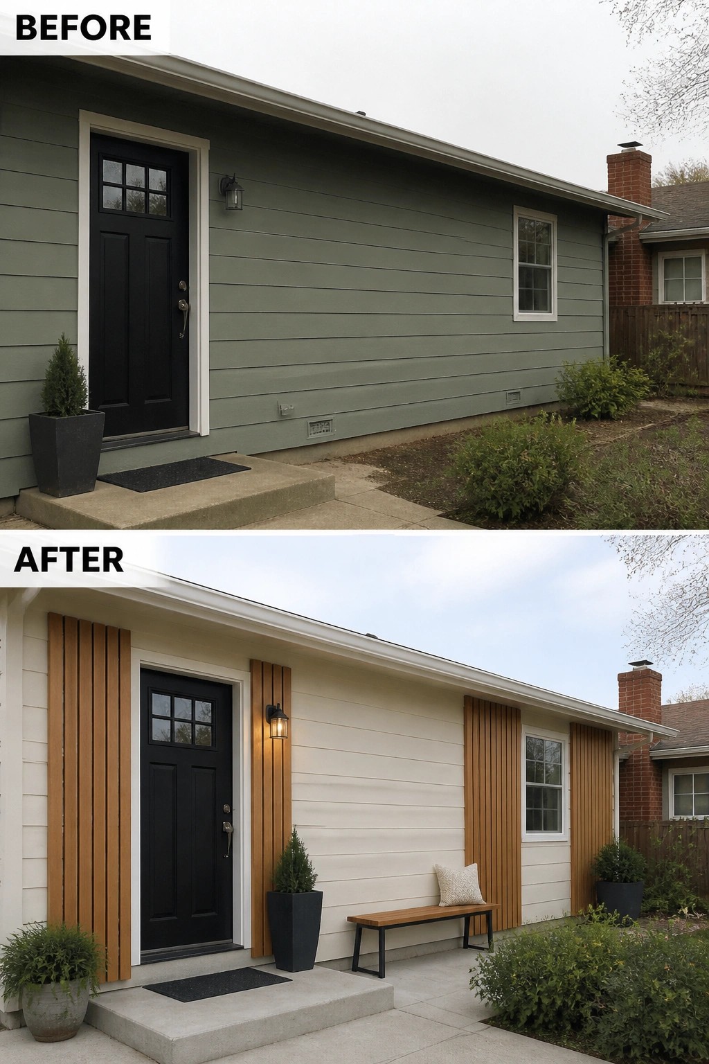 Before-and-after image of a plain front facade updated by installing vertical wood slats beside the door, adding a bench and planters, and repainting the exterior.