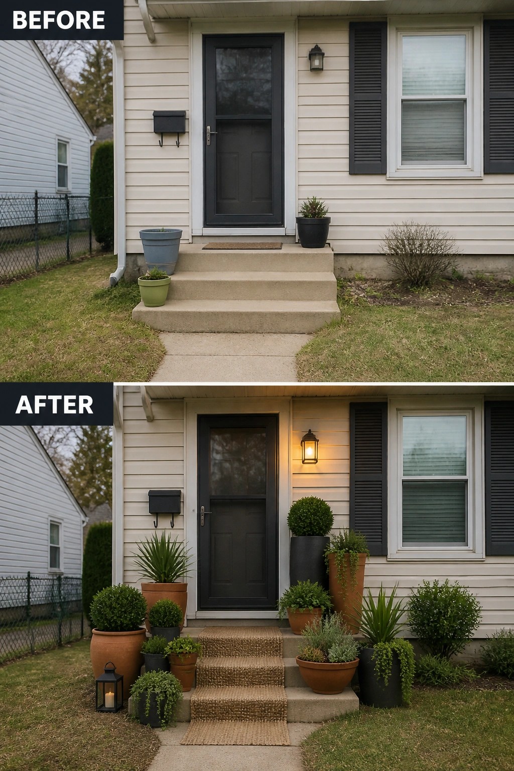 Before-and-after image of a plain front porch updated with a stair runner, grouped potted plants, a lantern, and a new exterior wall light.
