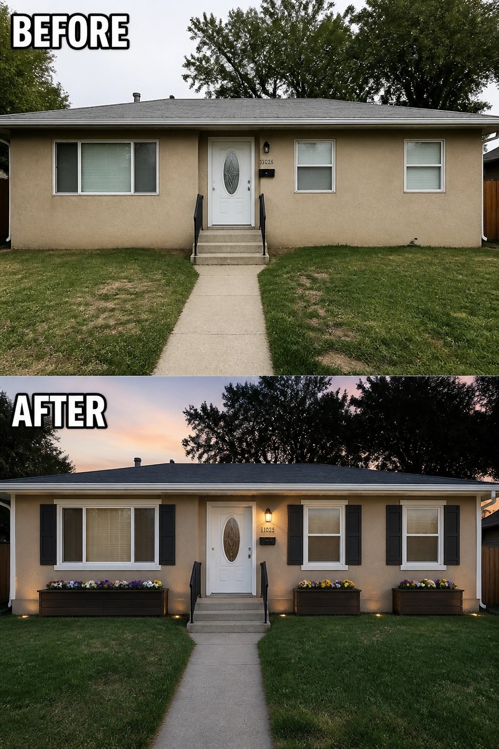 Before-and-after image of a small front house where a plain facade was updated with painted shutters and window flower boxes.