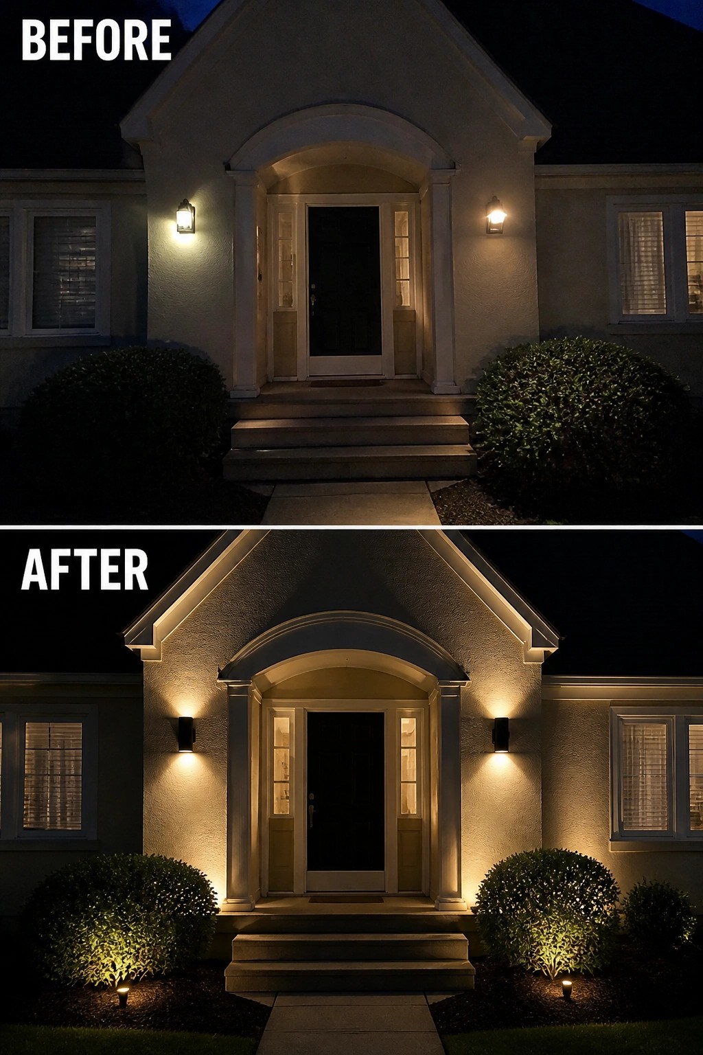 Before-and-after image of a house front where simple exterior wall sconces and ground uplights were added to highlight the entry, steps, and shrubs.