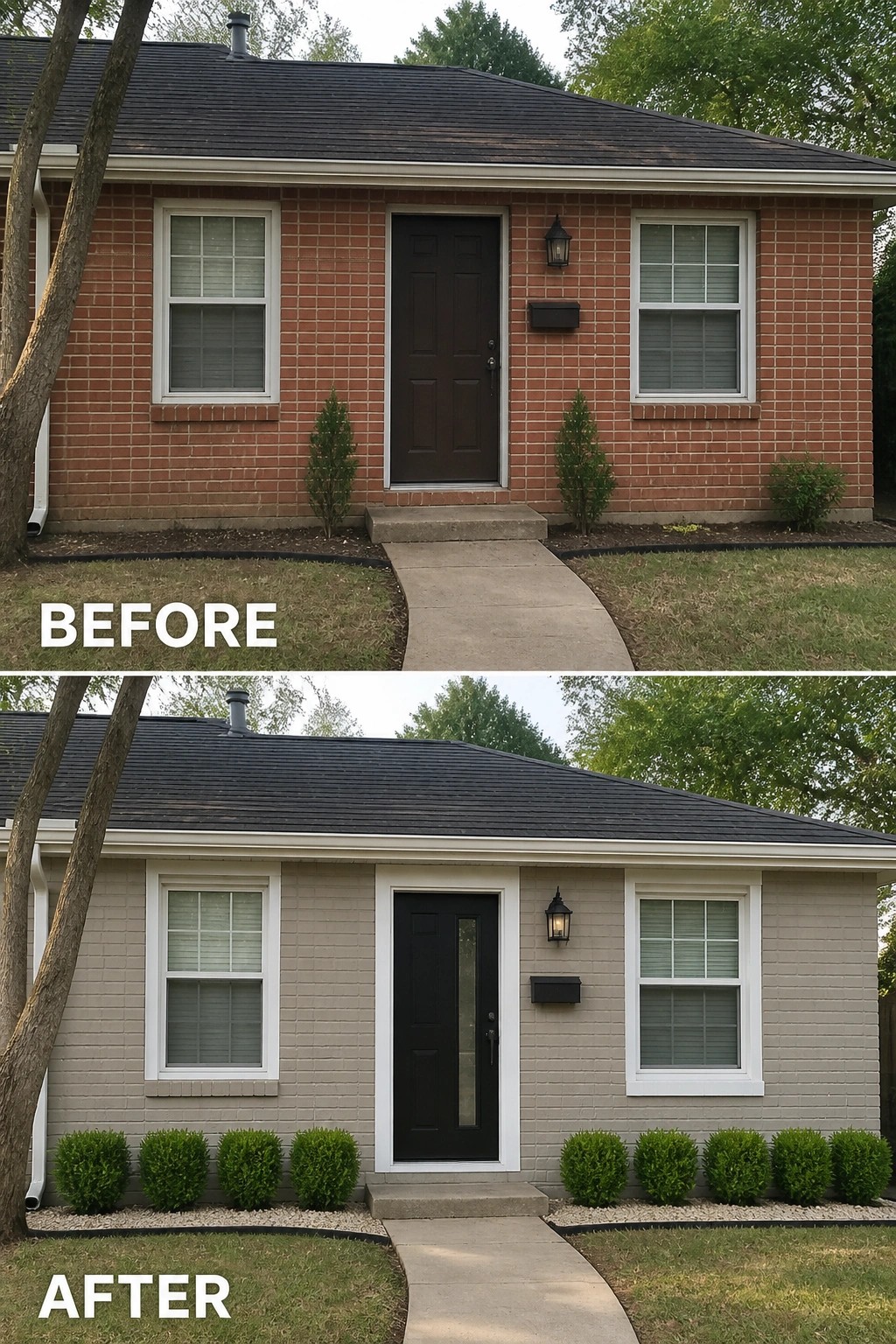 Before-and-after image of a small brick house facade updated by painting the brick gray, adding white trim and a black front door, and installing low boxwood shrubs with a gravel bed.