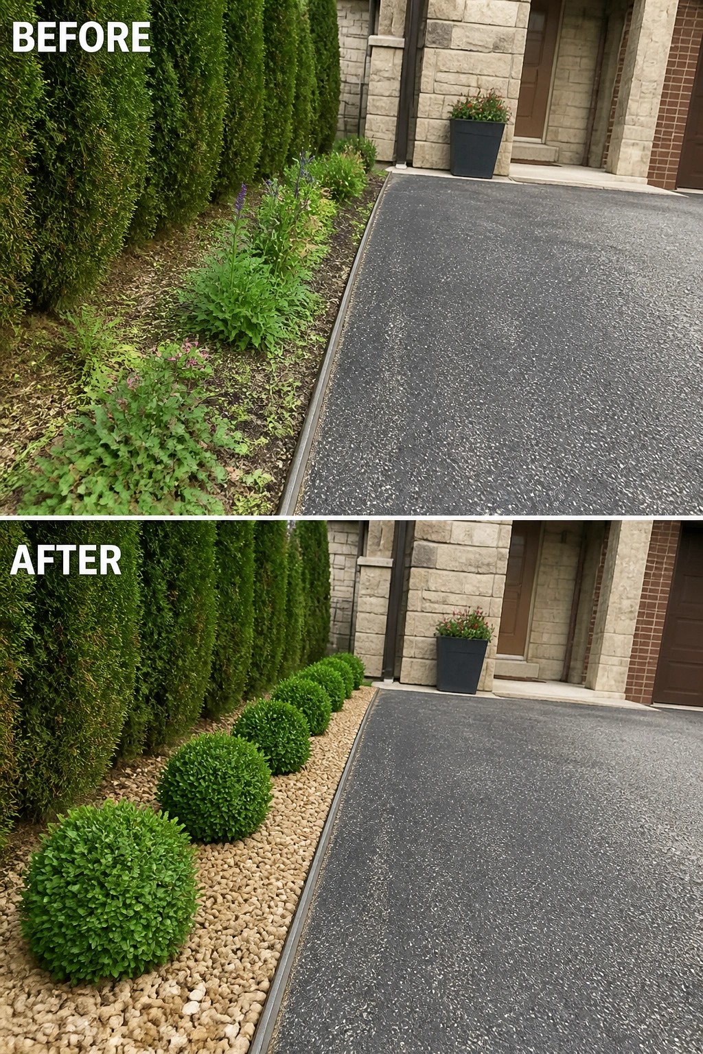 Before-and-after image of a narrow planting strip beside a driveway cleaned up and replaced with a gravel bed and evenly spaced round evergreen shrubs.