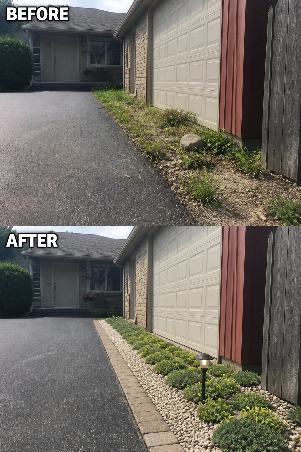 Before-and-after image of a narrow weedy strip beside a garage replaced with a paver-edged gravel bed planted with low-growing groundcover.