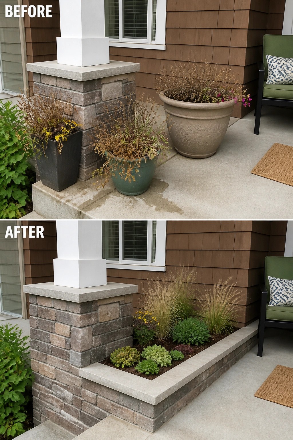 Before-and-after image of a front porch where potted, overgrown plants were replaced by a built-in raised planting bed planted with ornamental grasses and succulents.