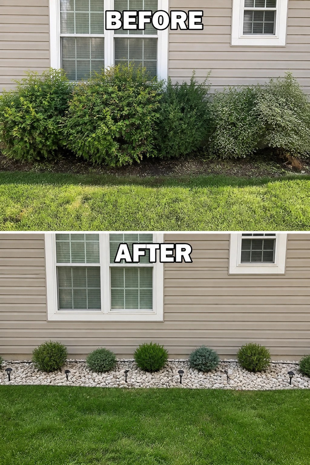Before-and-after image of a house foundation where overgrown mixed shrubs were cleared and replaced with evenly spaced dwarf shrubs set in a white-rock bed with small pathway lights.