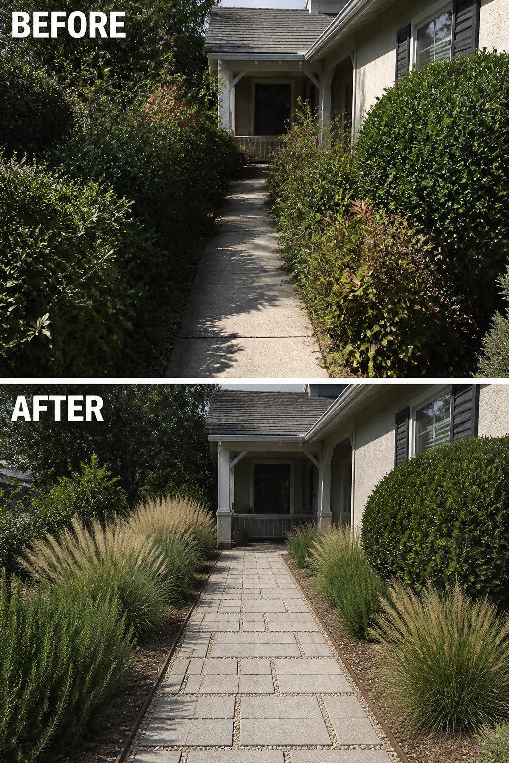 Before-and-after image of an overgrown front walkway updated to a paved path flanked by low-maintenance ornamental grasses and clean bed edges.