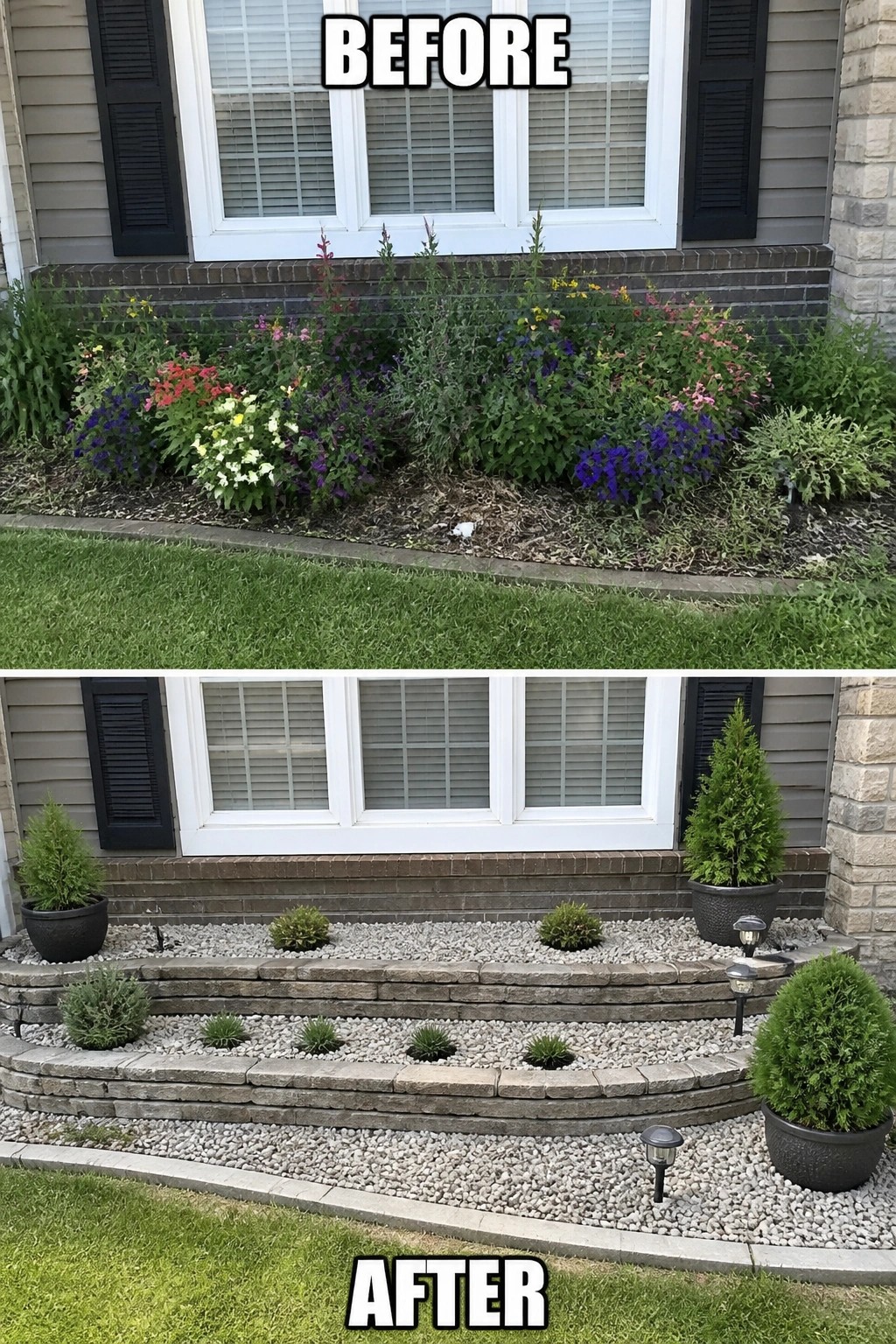 Before-and-after image of a front foundation bed changed from overgrown flowering annuals to tiered stone beds filled with gravel, small evergreen shrubs, and potted conifers.