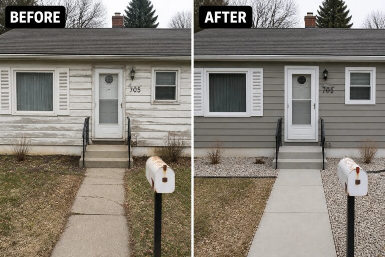 21 Low-Maintenance Ranch Exterior Remodel Ideas for Easier Upkeep Before and after front exterior showing peeling white siding replaced by gray siding, new mailbox