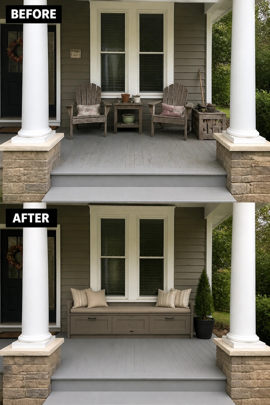 Before-and-after image of a front porch where two loose wooden chairs were replaced by a built-in storage bench topped with cushions and a potted plant.