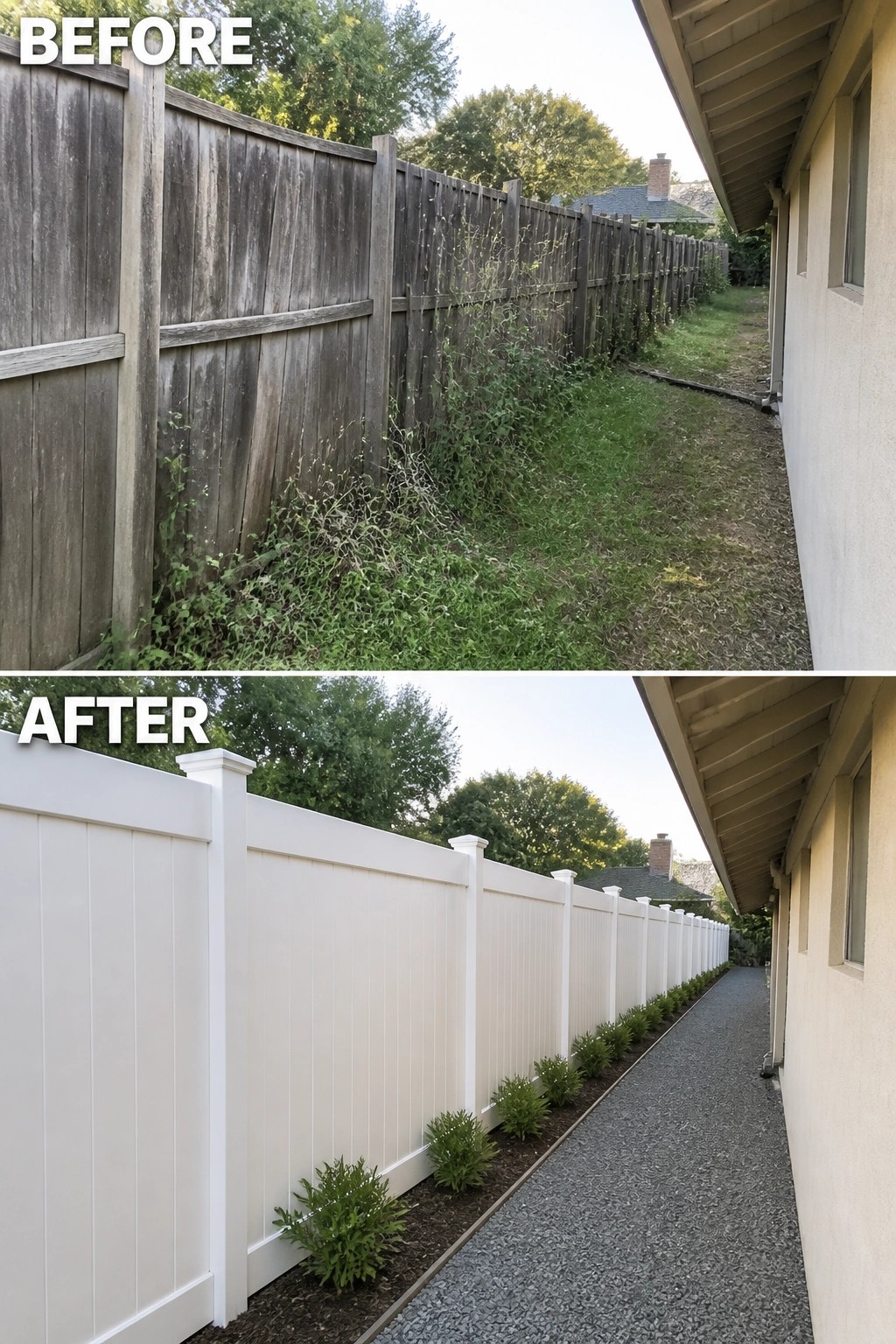 Before-and-after image of a weathered wooden fence and overgrown side yard replaced by a white vinyl privacy fence with a gravel path and small planted border.