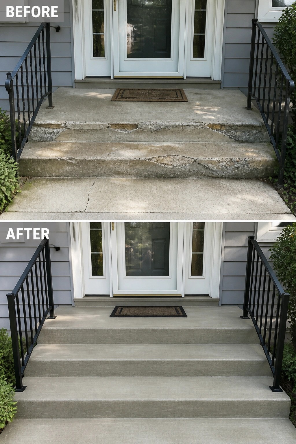 Before-and-after image of a front porch showing crumbling concrete steps replaced with smooth, resurfaced steps and refreshed metal railings.