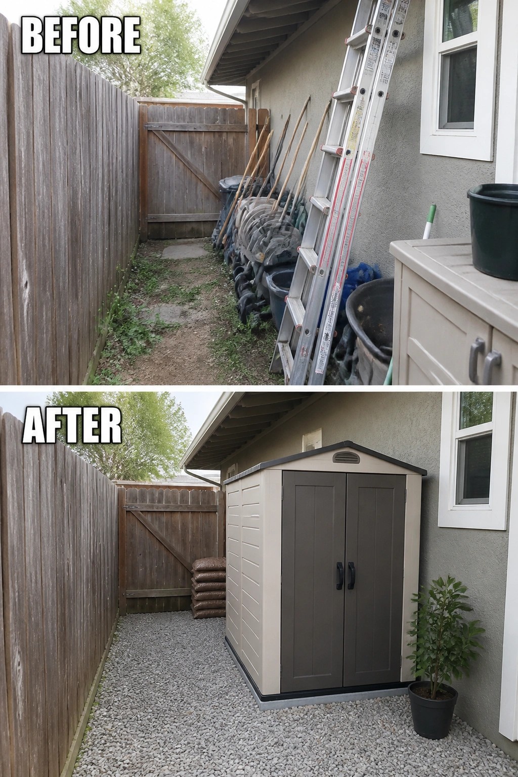 Before-and-after image of a narrow side yard cleared of tools and weeds and turned into a tidy gravel area with a compact storage shed.