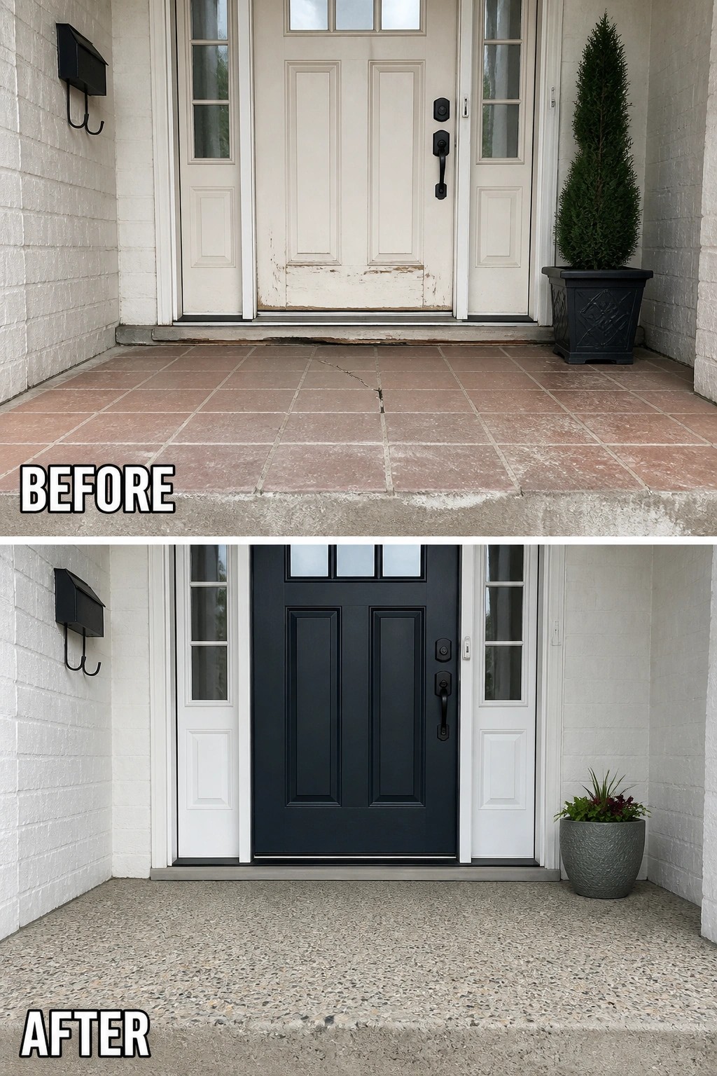 Before-and-after image of a front porch where cracked tile and a worn door are replaced by an exposed aggregate concrete landing, a dark painted door, and a single planter.