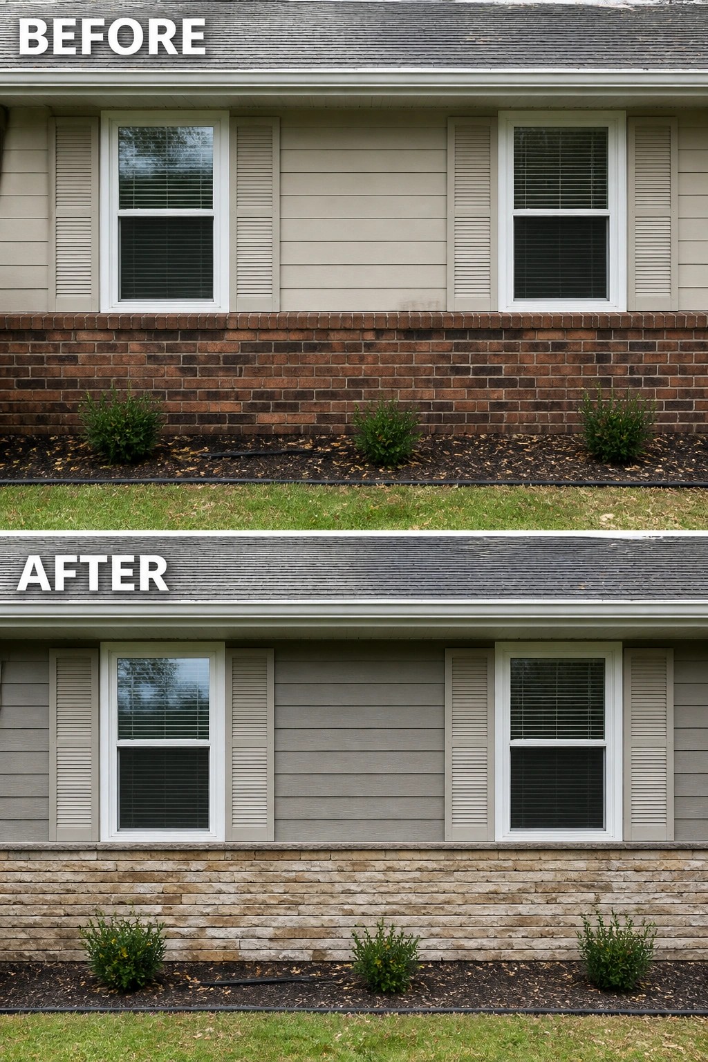 Before-and-after image of a ranch-style house exterior where the lower brick wall is replaced with light stacked stone veneer and siding tone is adjusted.