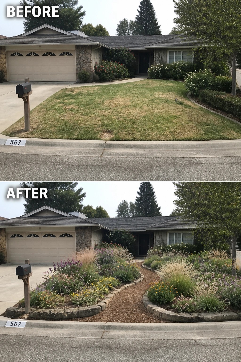 Before-and-after image of a front yard where a plain lawn is replaced by curved, stone-edged planting beds and a central gravel path planted with ornamental grasses and flowering perennials.
