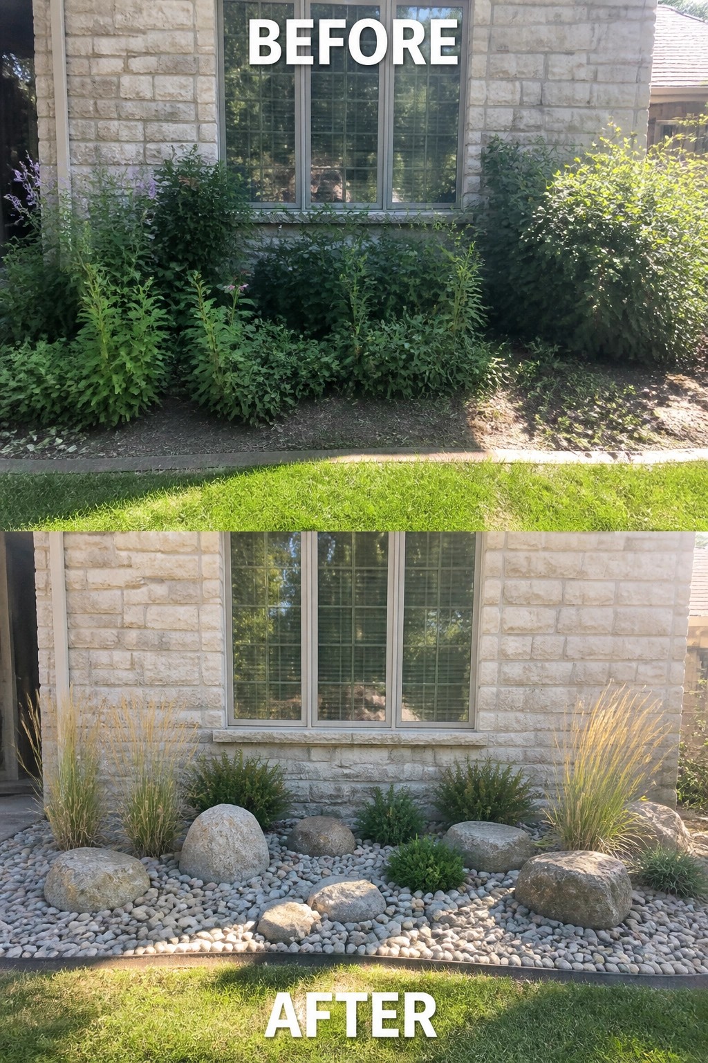 Before-and-after image of an overgrown planting bed changed into a low-maintenance rock bed with river rock, large boulders, ornamental grasses, and small shrubs.